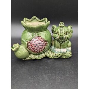 Vintage Elephant Trunks Up Good Luck Green Planter Pomegranate Decor